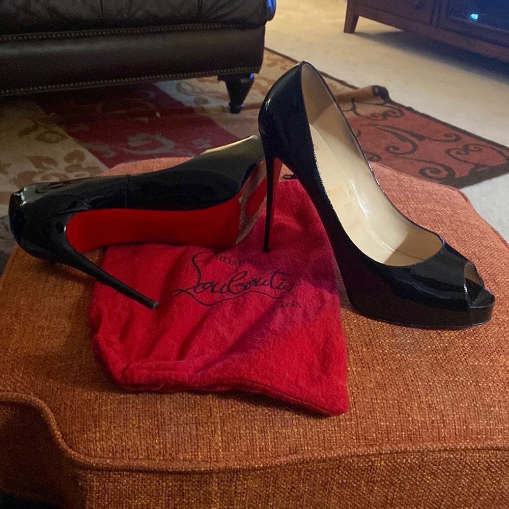 Black Christian Louboutin open toe spike heel patent leather